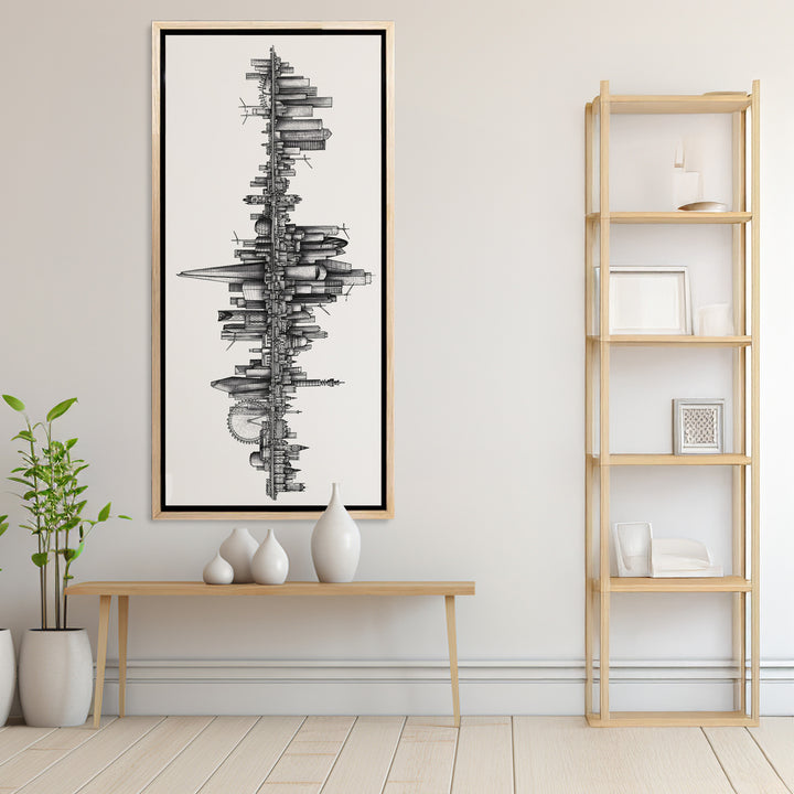 Black and white skyline illustration of London mirrored vertically, featuring iconic landmarks in fine detail.