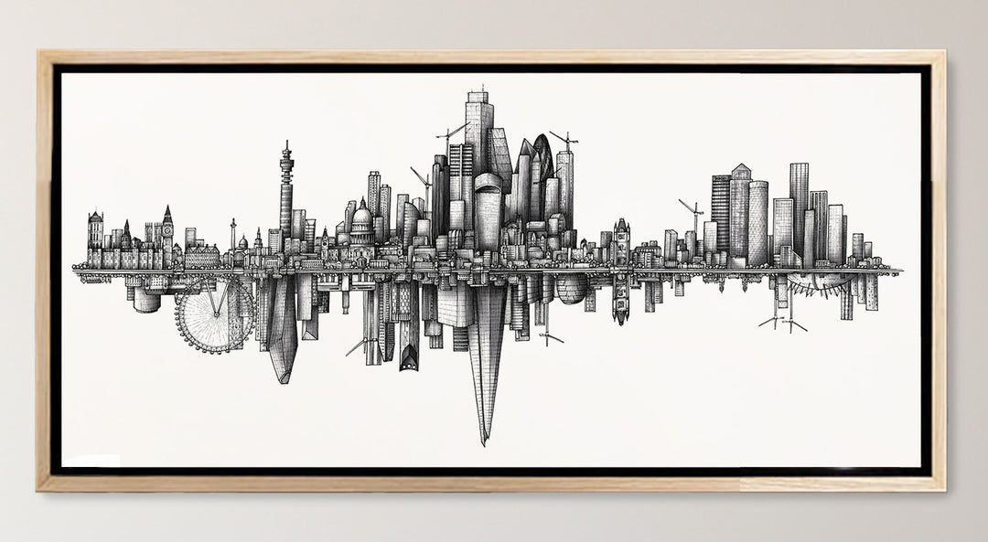 Black and white skyline illustration of London mirrored vertically, featuring iconic landmarks in fine detail.