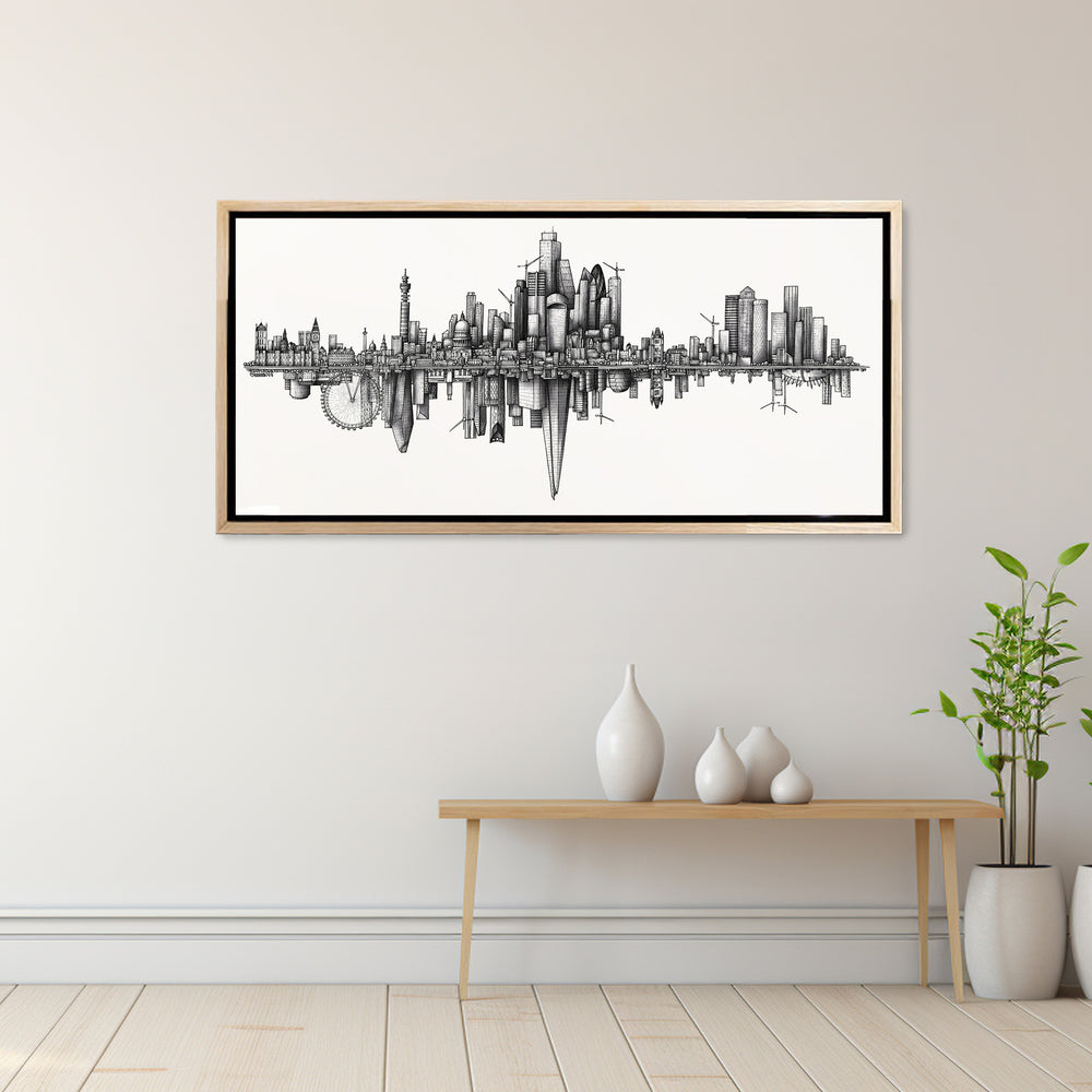 Black and white skyline illustration of London mirrored vertically, featuring iconic landmarks in fine detail.