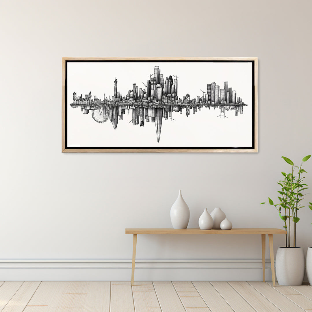 Black and white skyline illustration of London mirrored vertically, featuring iconic landmarks in fine detail.