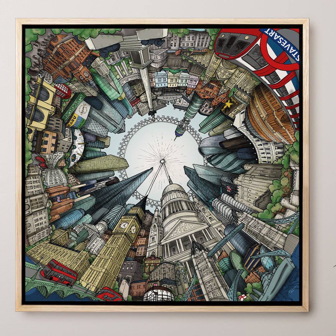 Colourful circular illustration of London landmarks surrounding the London Eye, drawn in a bold, playful style.