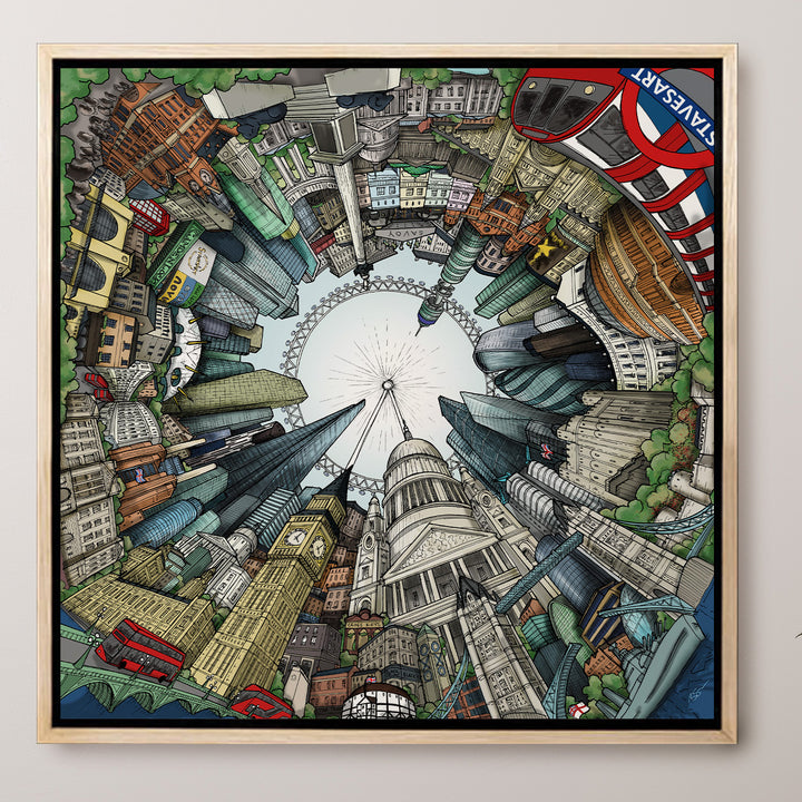 Colourful circular illustration of London landmarks surrounding the London Eye, drawn in a bold, playful style.