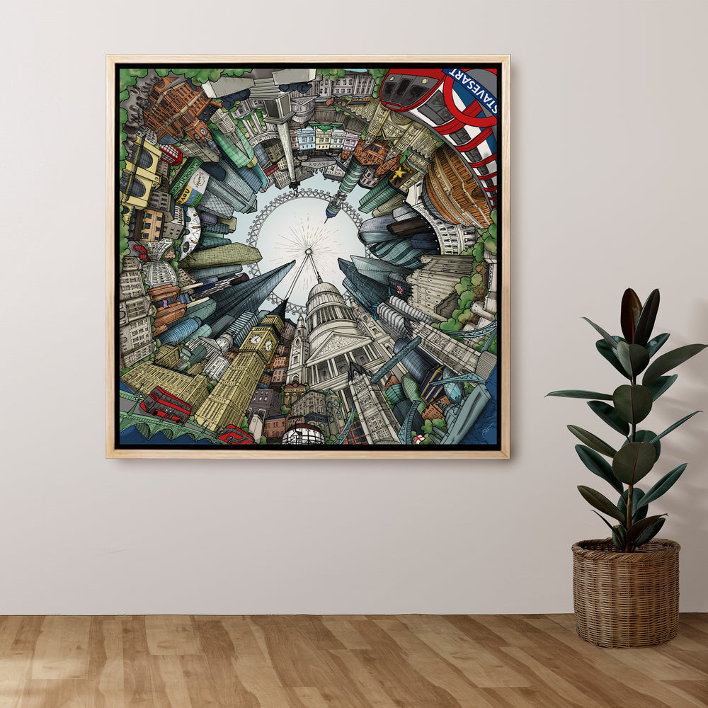 Colourful circular illustration of London landmarks surrounding the London Eye, drawn in a bold, playful style.