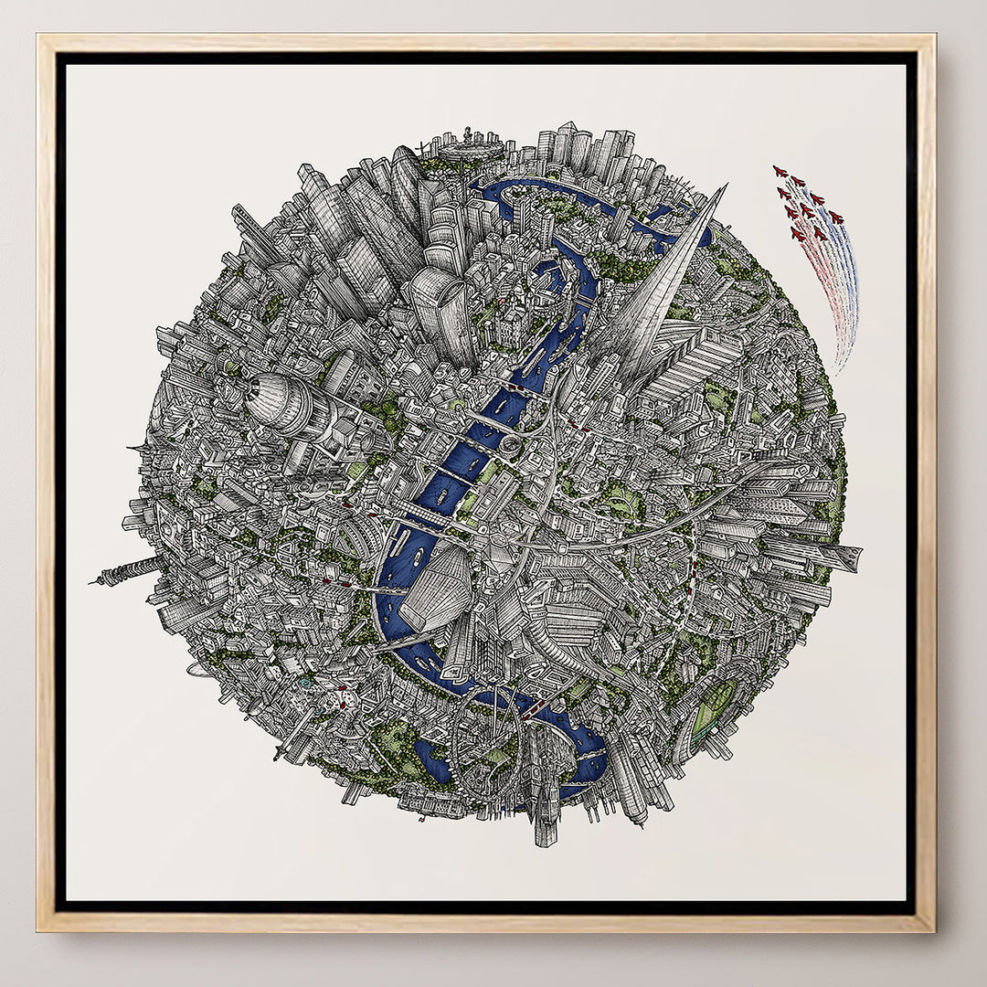 Intricate globe-shaped cityscape illustration of London with River Thames, landmarks, and Red Arrows flypast.
