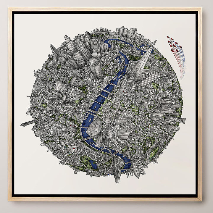 Intricate globe-shaped cityscape illustration of London with River Thames, landmarks, and Red Arrows flypast.
