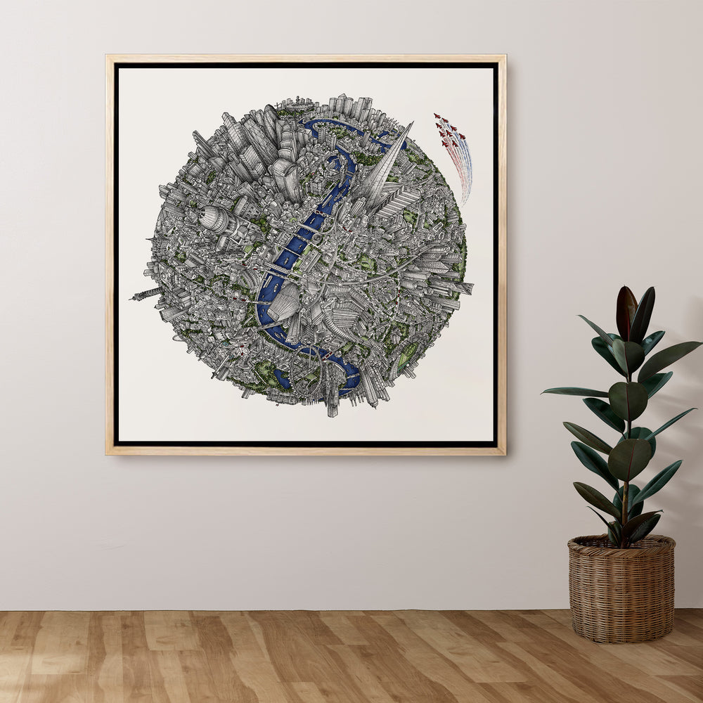 Intricate globe-shaped cityscape illustration of London with River Thames, landmarks, and Red Arrows flypast.