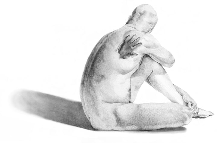 Teresa Wells’ Loss (2021), limited edition bronze sculpture, depicting a seated, nude male figure with shaved head, arms wrapped around knees in a pose of introspection and vulnerability. Finished in a rich green patina with subtle bronze undertones, the piece reveals finely modelled musculature, expressive hands and feet, and a downcast gaze. At 52cm × 42cm × 42cm and 58kg, the work conveys quiet strength and emotional depth, suitable for indoor display or sheltered outdoor placement.