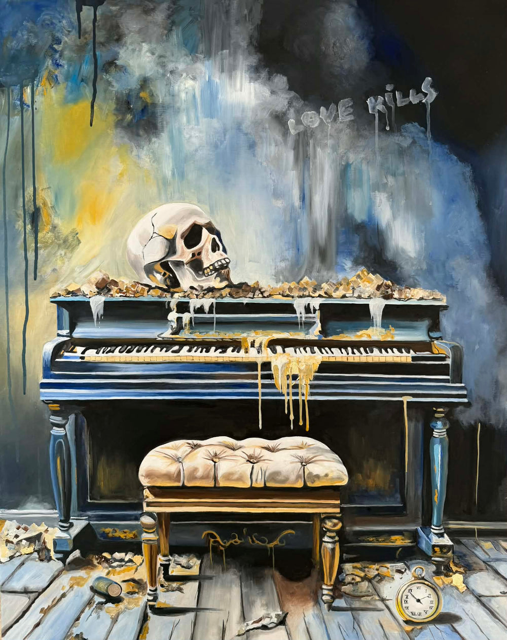 Victoria Saint Love Kills oil painting of an abandoned piano with skull, decaying interior and symbolic objects, exploring themes of loss and suspended time.