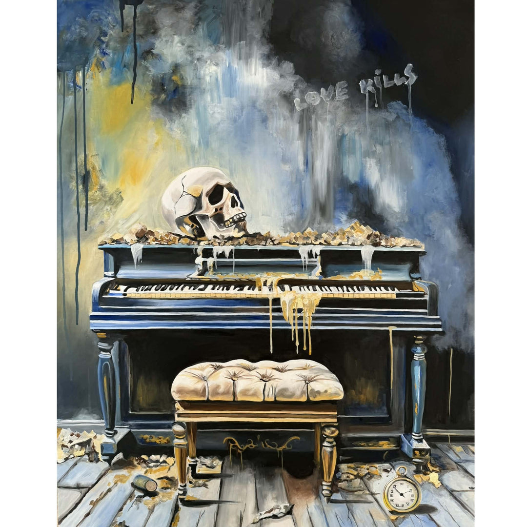 Victoria Saint Love Kills print of an abandoned piano with skull, decaying interior and symbolic objects, exploring themes of loss and suspended time.