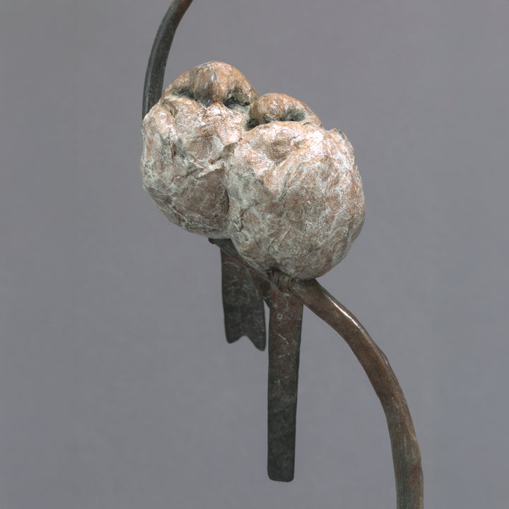 Bronze sculpture of two life-size long-tailed tits nestled closely together on a gently curving branch, their rounded bodies touching as they perch in balance. The birds’ finely textured forms show soft feather detail and subtle patina variations, conveying intimacy, warmth, and quiet stillness against a neutral studio background.
