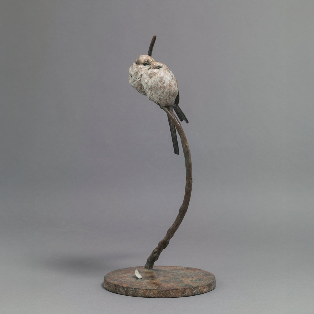 Bronze sculpture of two life-size long-tailed tits nestled closely together on a gently curving branch, their rounded bodies touching as they perch in balance. The birds’ finely textured forms show soft feather detail and subtle patina variations, conveying intimacy, warmth, and quiet stillness against a neutral studio background.