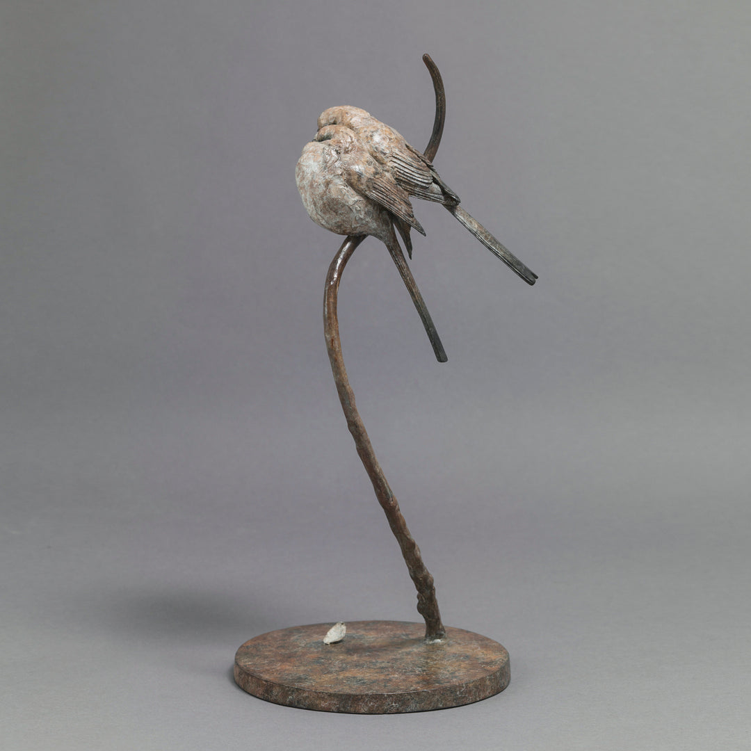 Bronze sculpture of two life-size long-tailed tits nestled closely together on a gently curving branch, their rounded bodies touching as they perch in balance. The birds’ finely textured forms show soft feather detail and subtle patina variations, conveying intimacy, warmth, and quiet stillness against a neutral studio background.