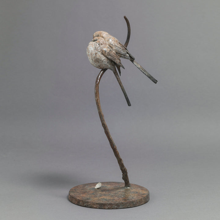Bronze sculpture of two life-size long-tailed tits nestled closely together on a gently curving branch, their rounded bodies touching as they perch in balance. The birds’ finely textured forms show soft feather detail and subtle patina variations, conveying intimacy, warmth, and quiet stillness against a neutral studio background.