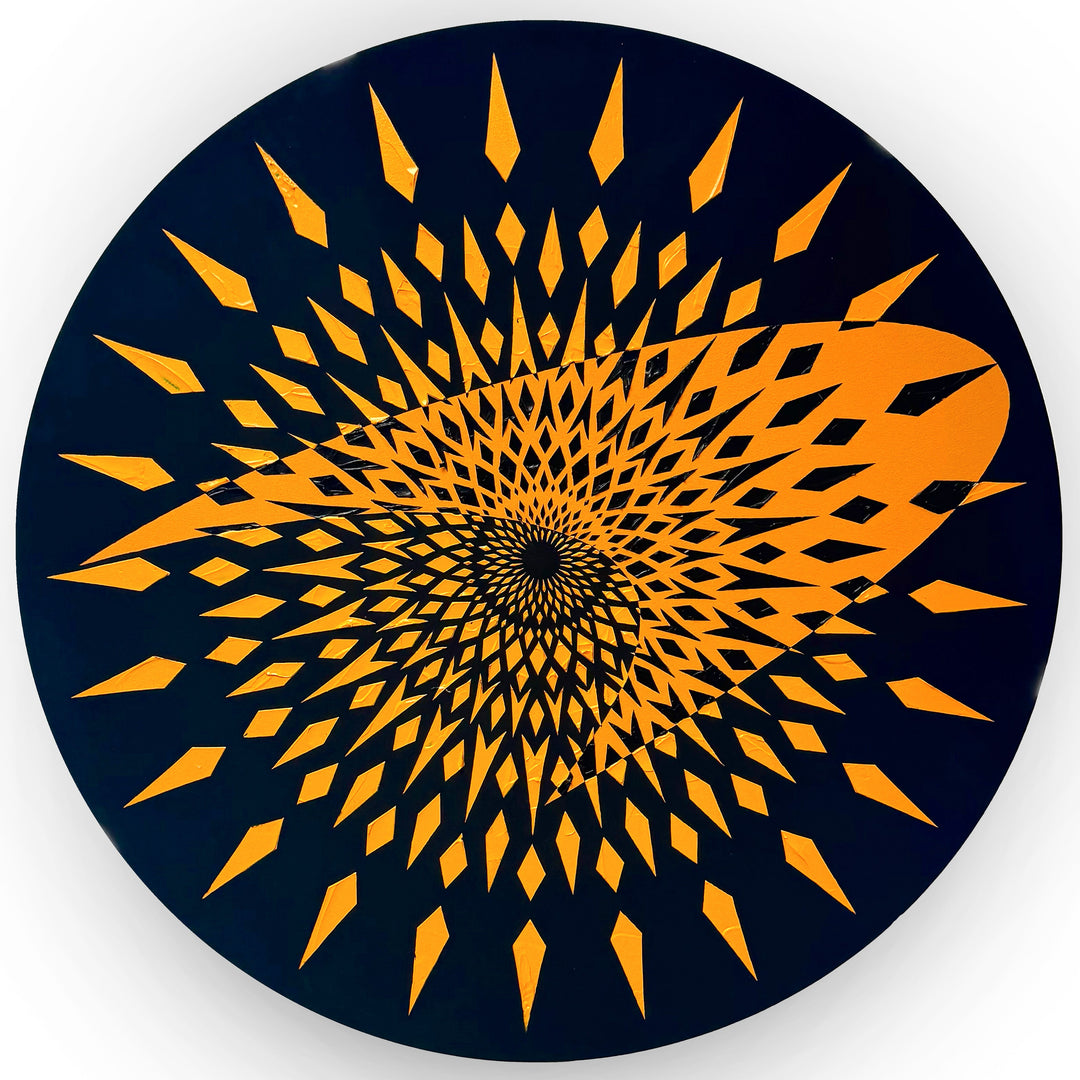High-impact circular wall artwork by Mike Philp featuring sharp orange geometric forms radiating from the centre against a dark ground. Inspired by Formula 1, the composition expresses speed, precision, and engineered motion.