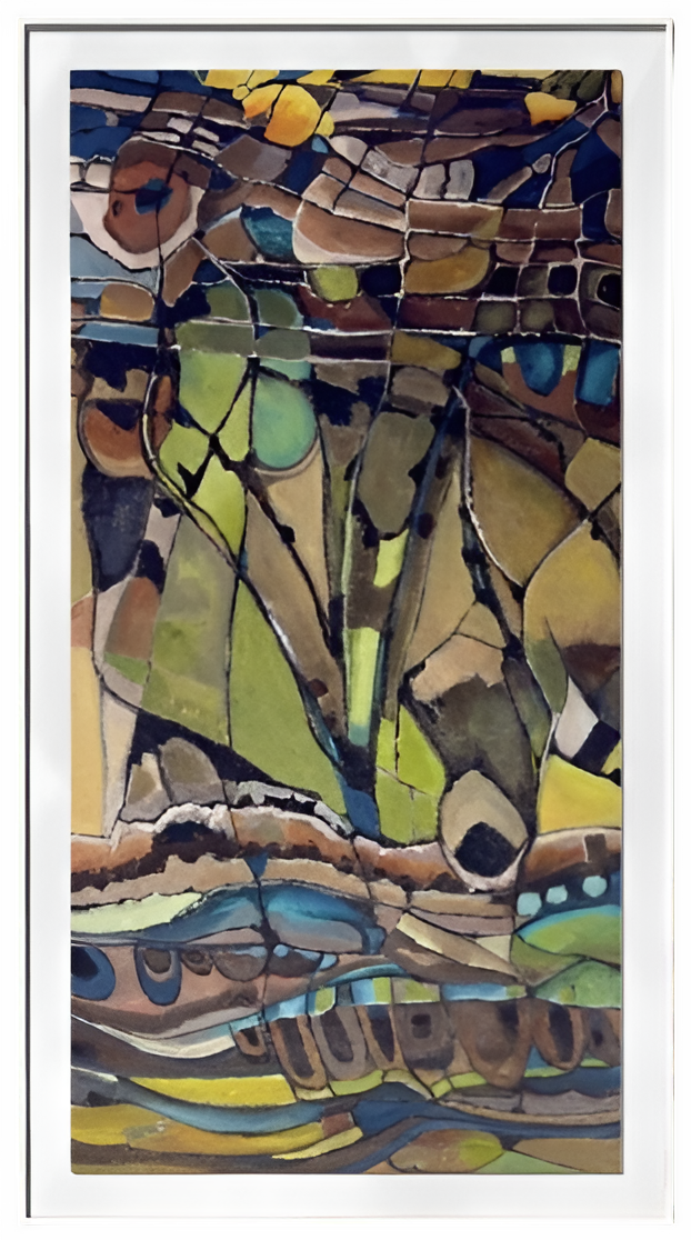 Kate Grant Metamorphosis triptych abstract landscape painting in three vertical panels, inspired by the shale formations of Crooklets Beach in North Cornwall. Fragmented, mosaic-like shapes in layered acrylic create a flowing geological composition, with deep blues, earthy browns and greens shifting into warm amber and golden tones, evoking rock, tide and time across a continuous, evolving coastal scene.