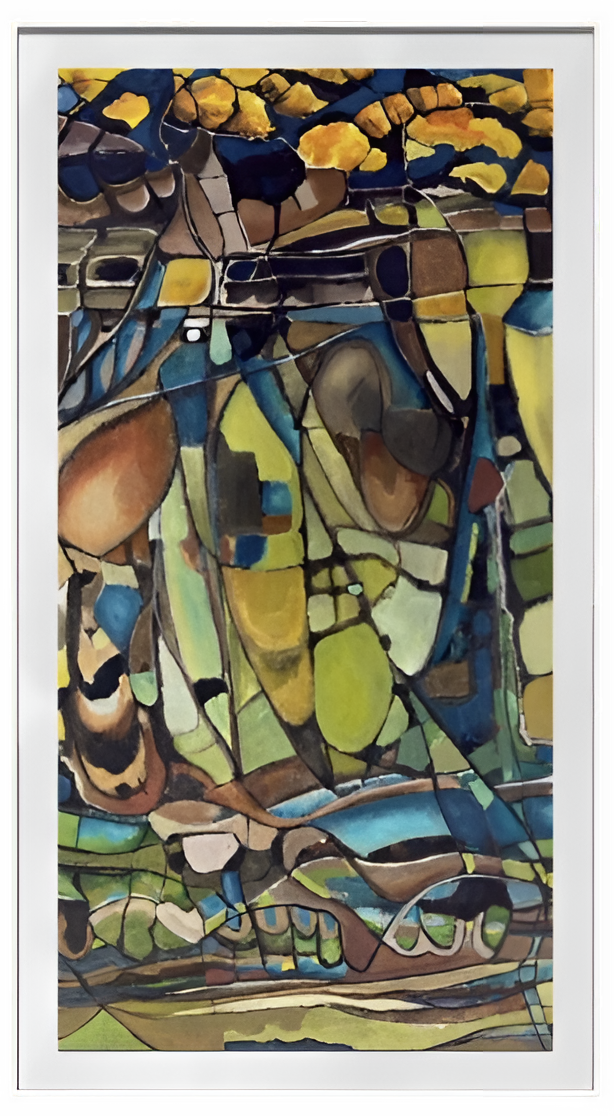 Kate Grant Metamorphosis triptych abstract landscape painting in three vertical panels, inspired by the shale formations of Crooklets Beach in North Cornwall. Fragmented, mosaic-like shapes in layered acrylic create a flowing geological composition, with deep blues, earthy browns and greens shifting into warm amber and golden tones, evoking rock, tide and time across a continuous, evolving coastal scene.