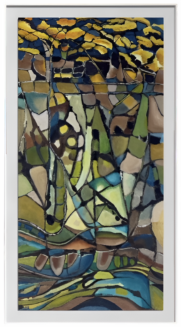 Kate Grant Metamorphosis triptych abstract landscape painting in three vertical panels, inspired by the shale formations of Crooklets Beach in North Cornwall. Fragmented, mosaic-like shapes in layered acrylic create a flowing geological composition, with deep blues, earthy browns and greens shifting into warm amber and golden tones, evoking rock, tide and time across a continuous, evolving coastal scene.
