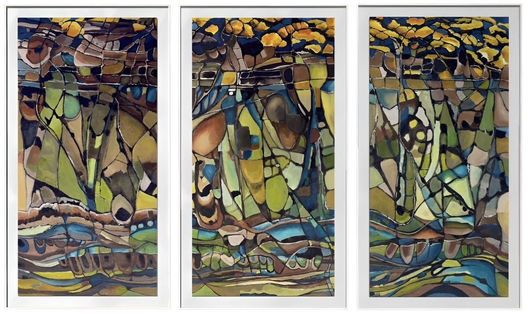 Kate Grant Metamorphosis triptych abstract landscape painting in three vertical panels, inspired by the shale formations of Crooklets Beach in North Cornwall. Fragmented, mosaic-like shapes in layered acrylic create a flowing geological composition, with deep blues, earthy browns and greens shifting into warm amber and golden tones, evoking rock, tide and time across a continuous, evolving coastal scene.