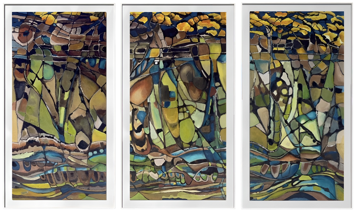 Kate Grant Metamorphosis triptych abstract landscape painting in three vertical panels, inspired by the shale formations of Crooklets Beach in North Cornwall. Fragmented, mosaic-like shapes in layered acrylic create a flowing geological composition, with deep blues, earthy browns and greens shifting into warm amber and golden tones, evoking rock, tide and time across a continuous, evolving coastal scene.