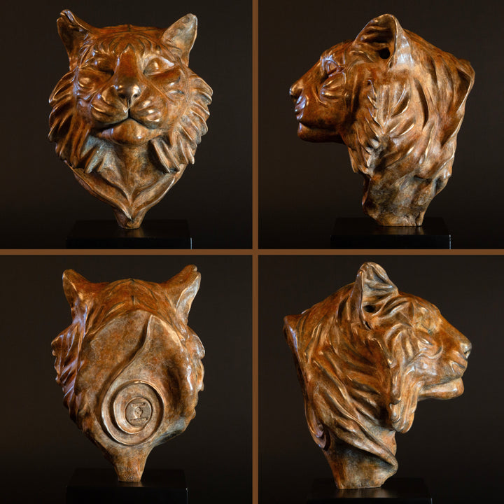 Melindungi Puna Sumatran Tiger bronze sculpture by Min Reid, serene tiger head portrait with closed eyes and flowing fur detail in warm golden bronze tones mounted on a black plinth against a dark background