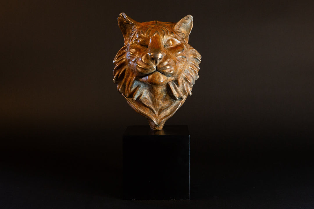 Melindungi Puna Sumatran Tiger bronze sculpture by Min Reid, serene tiger head portrait with closed eyes and flowing fur detail in warm golden bronze tones mounted on a black plinth against a dark background