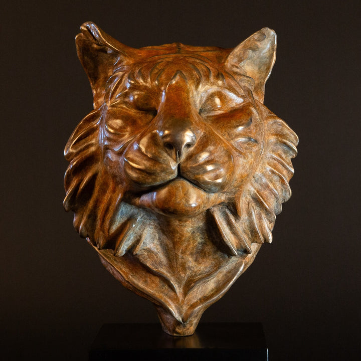 Melindungi Puna Sumatran Tiger bronze sculpture by Min Reid, serene tiger head portrait with closed eyes and flowing fur detail in warm golden bronze tones mounted on a black plinth against a dark background