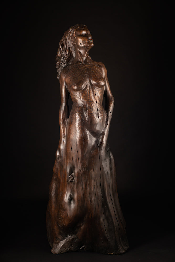 Tall figurative sculpture of a woman carved from richly grained wood, standing with her head lifted toward the sky. Her form emerges organically from the trunk, evoking growth and connection to the earth. The flowing grain patterns enhance her posture, while a small child figure is carved into the back of the sculpture, reaching upward and held by the woman's hand. A deeply symbolic piece that blends maternal strength, natural cycles, and generational continuity. The bronze preserves the texture of wood.