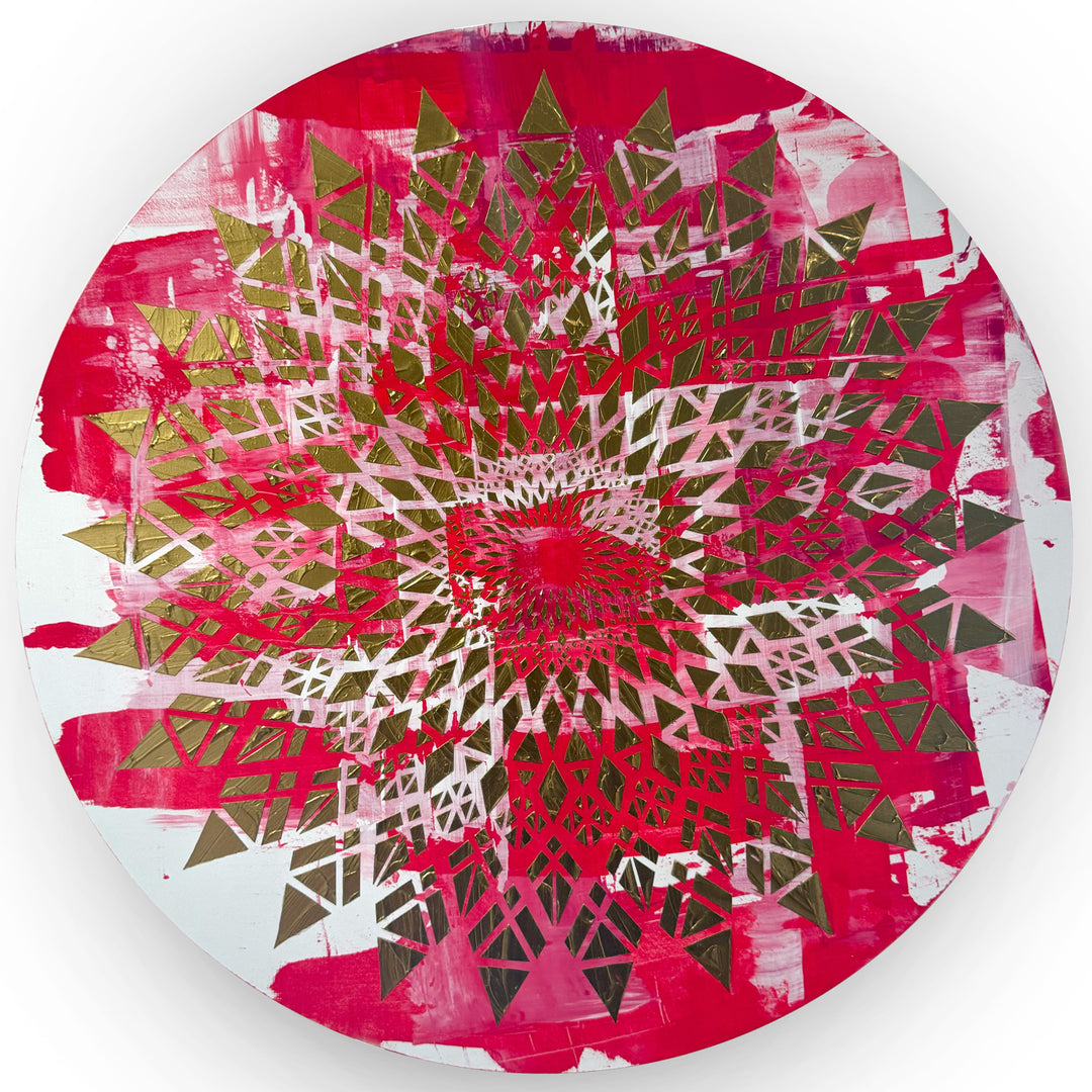 Large circular wall artwork by Mike Philp inspired by Formula 1, combining layered magenta tones with sharp gold geometry. The radial composition conveys speed, rhythm, and controlled energy with bold graphic impact.