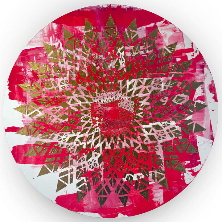 Large circular wall artwork by Mike Philp inspired by Formula 1, combining layered magenta tones with sharp gold geometry. The radial composition conveys speed, rhythm, and controlled energy with bold graphic impact.
