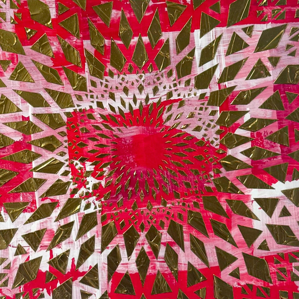 Large circular wall artwork by Mike Philp inspired by Formula 1, combining layered magenta tones with sharp gold geometry. The radial composition conveys speed, rhythm, and controlled energy with bold graphic impact.