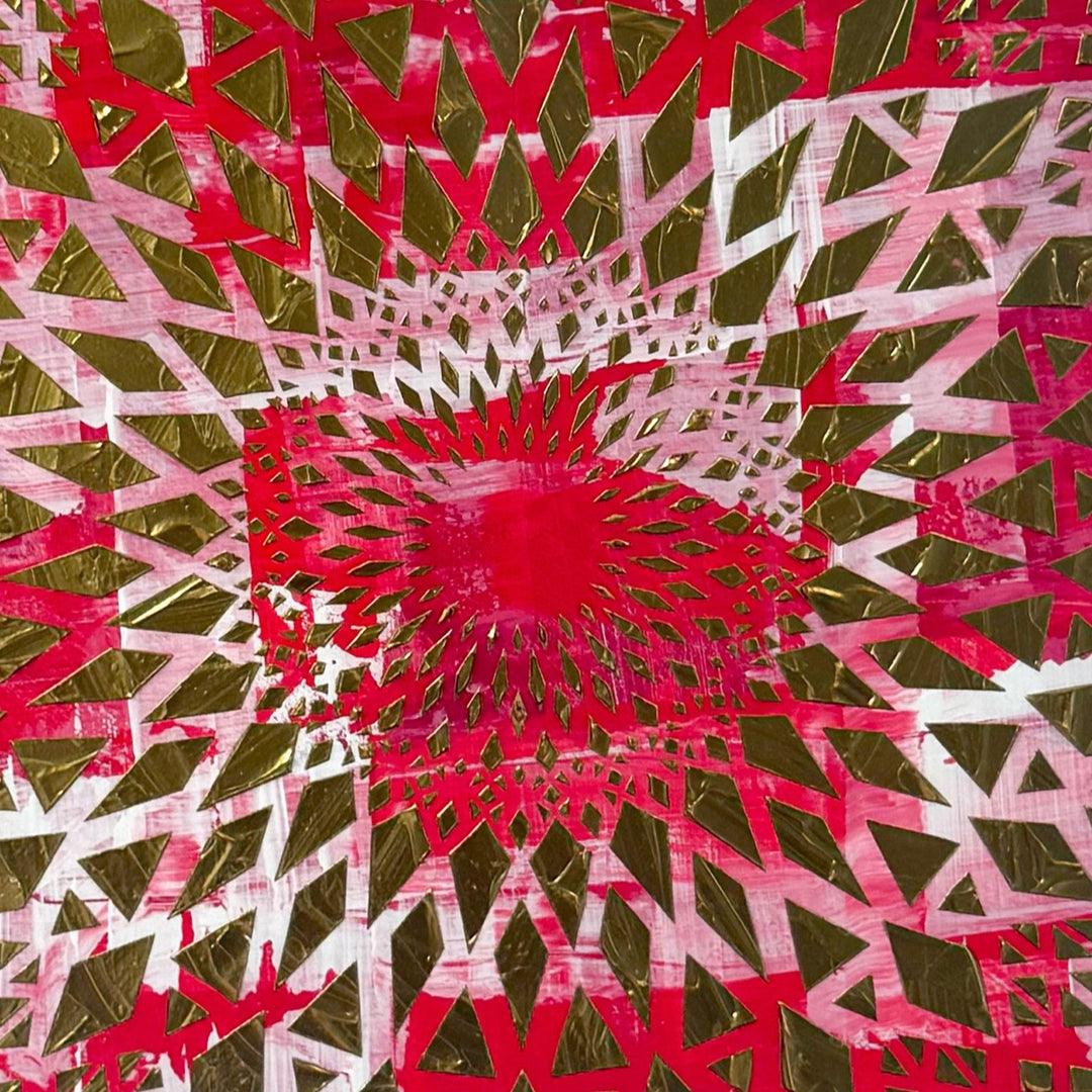 Large circular wall artwork by Mike Philp inspired by Formula 1, combining layered magenta tones with sharp gold geometry. The radial composition conveys speed, rhythm, and controlled energy with bold graphic impact.