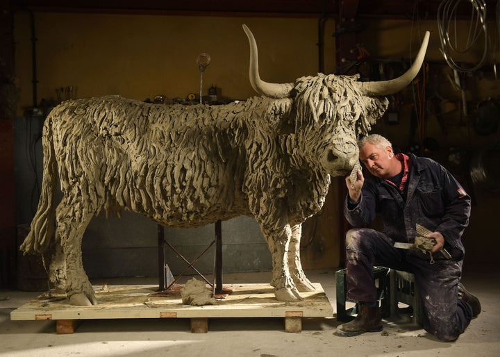 ‘Highland Cow: Life Size’ by Hamish Mackie, a life-size limited-edition bronze sculpture depicting a Scottish Highland cow standing in a grassy field. The sculpture features long, sweeping horns, a broad muzzle and a heavily textured, shaggy coat falling over the animal’s eyes. Finished in warm earthy brown bronze, the realistic wildlife sculpture captures the distinctive character and rugged appearance of the Highland breed.