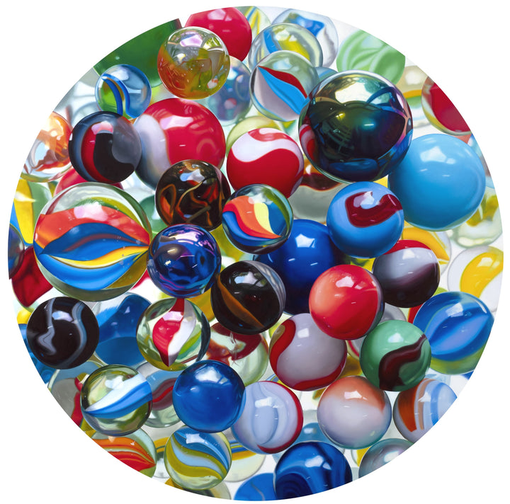 Kelly-Anne Davitt Marbles hyperreal oil painting on board depicting a cluster of colourful glass marbles with swirling reflections and vibrant red, blue, yellow and green tones.