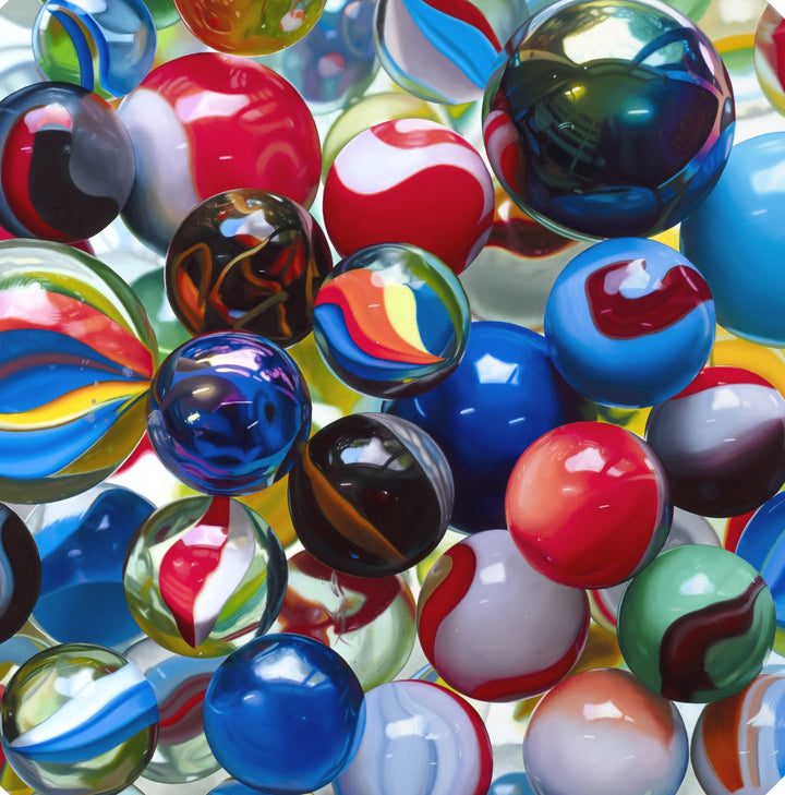 Kelly-Anne Davitt Marbles hyperreal oil painting on board depicting a cluster of colourful glass marbles with swirling reflections and vibrant red, blue, yellow and green tones.