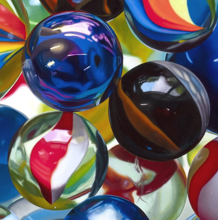 Kelly-Anne Davitt Marbles hyperreal oil painting on board depicting a cluster of colourful glass marbles with swirling reflections and vibrant red, blue, yellow and green tones.