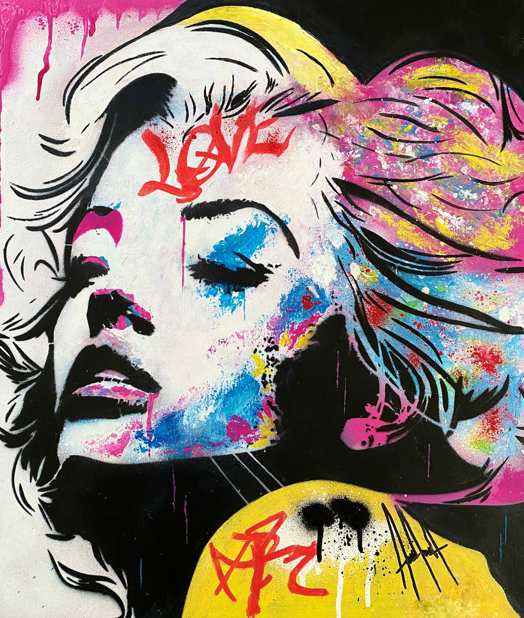 “Marilyn Graffiti by Andolini Art – vibrant mixed media portrait of Marilyn Monroe with bold graffiti-style lettering and splashes of red, blue, yellow, pink and black across her face and hair, blending pop art and street art.”