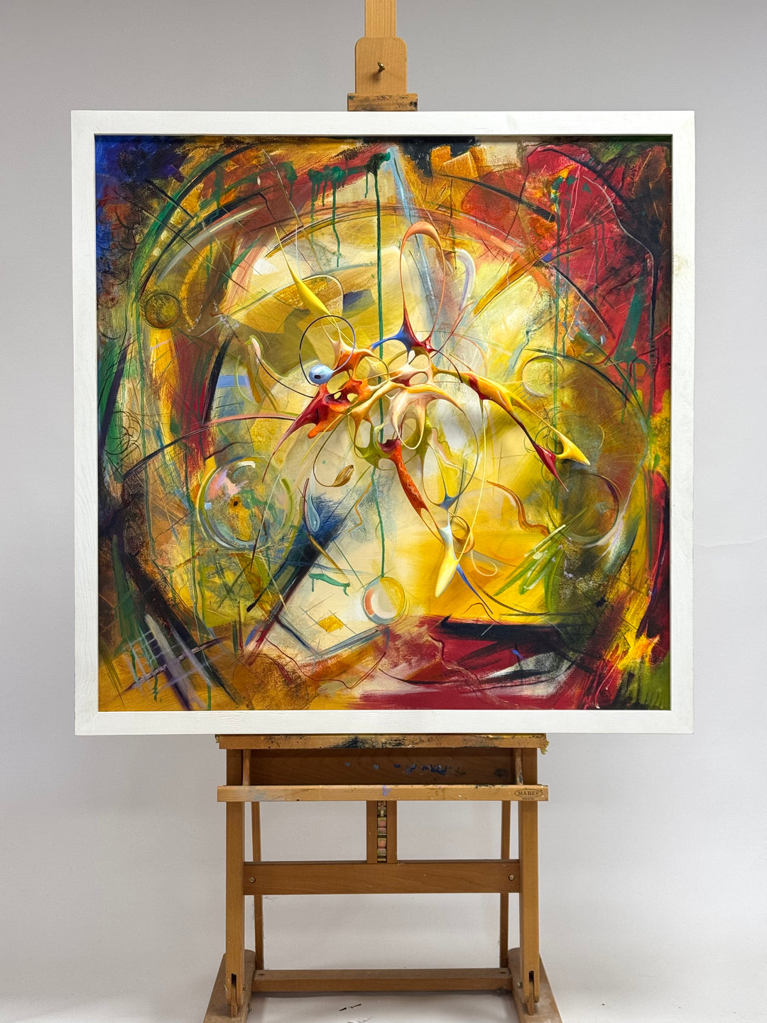 Oil Painting in Sculpture 49 by Mark Purllant, a one-off mixed media painting with sculpted oil paint forms on canvas, bursting with vivid red, yellow, and blue tones, layered textures, and dynamic abstract movement.