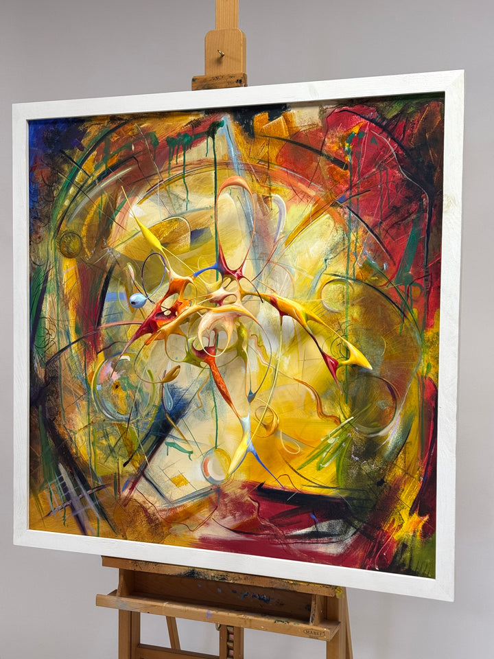 Oil Painting in Sculpture 49 by Mark Purllant, a one-off mixed media painting with sculpted oil paint forms on canvas, bursting with vivid red, yellow, and blue tones, layered textures, and dynamic abstract movement.