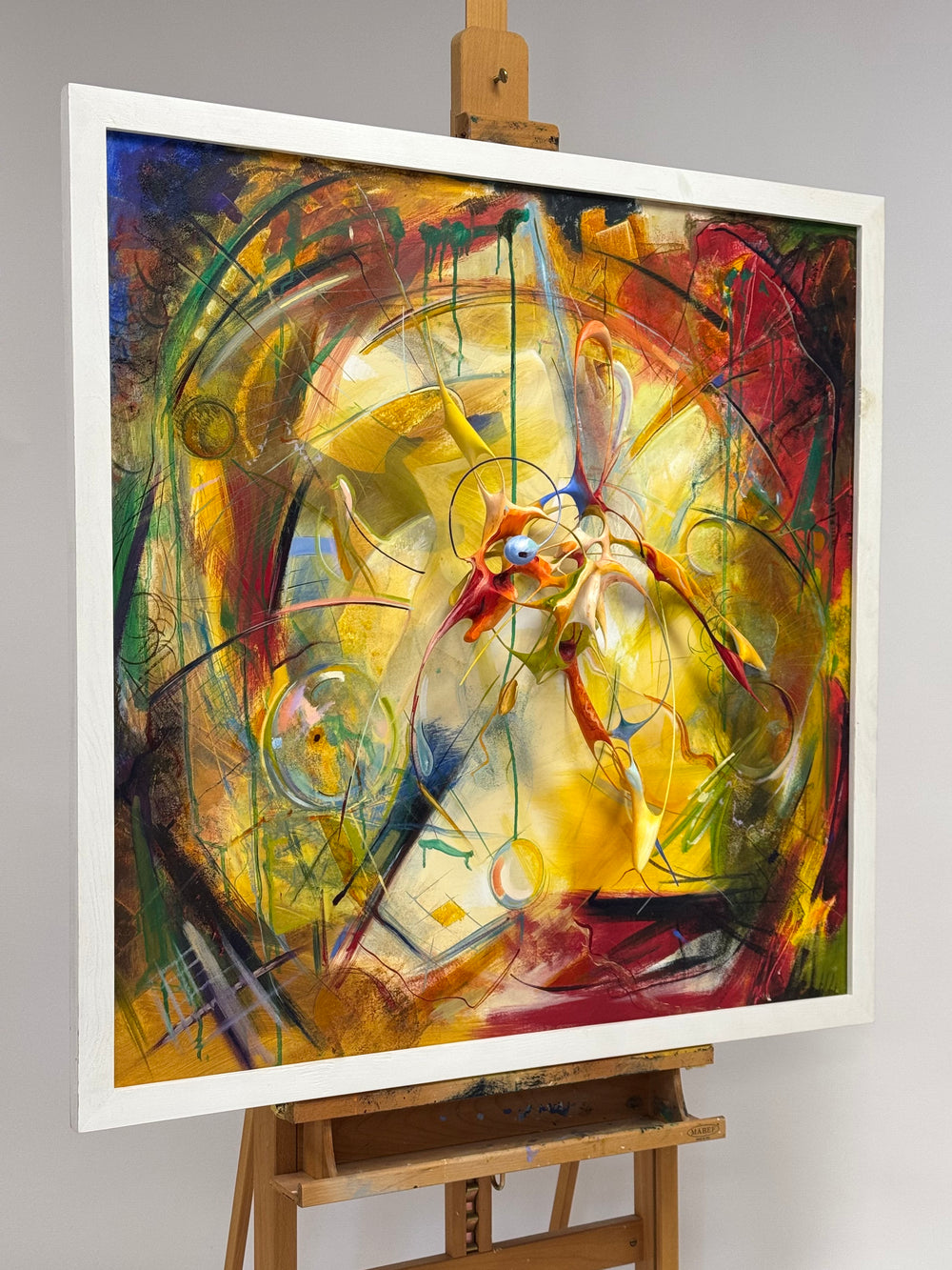 Oil Painting in Sculpture 49 by Mark Purllant, a one-off mixed media painting with sculpted oil paint forms on canvas, bursting with vivid red, yellow, and blue tones, layered textures, and dynamic abstract movement.