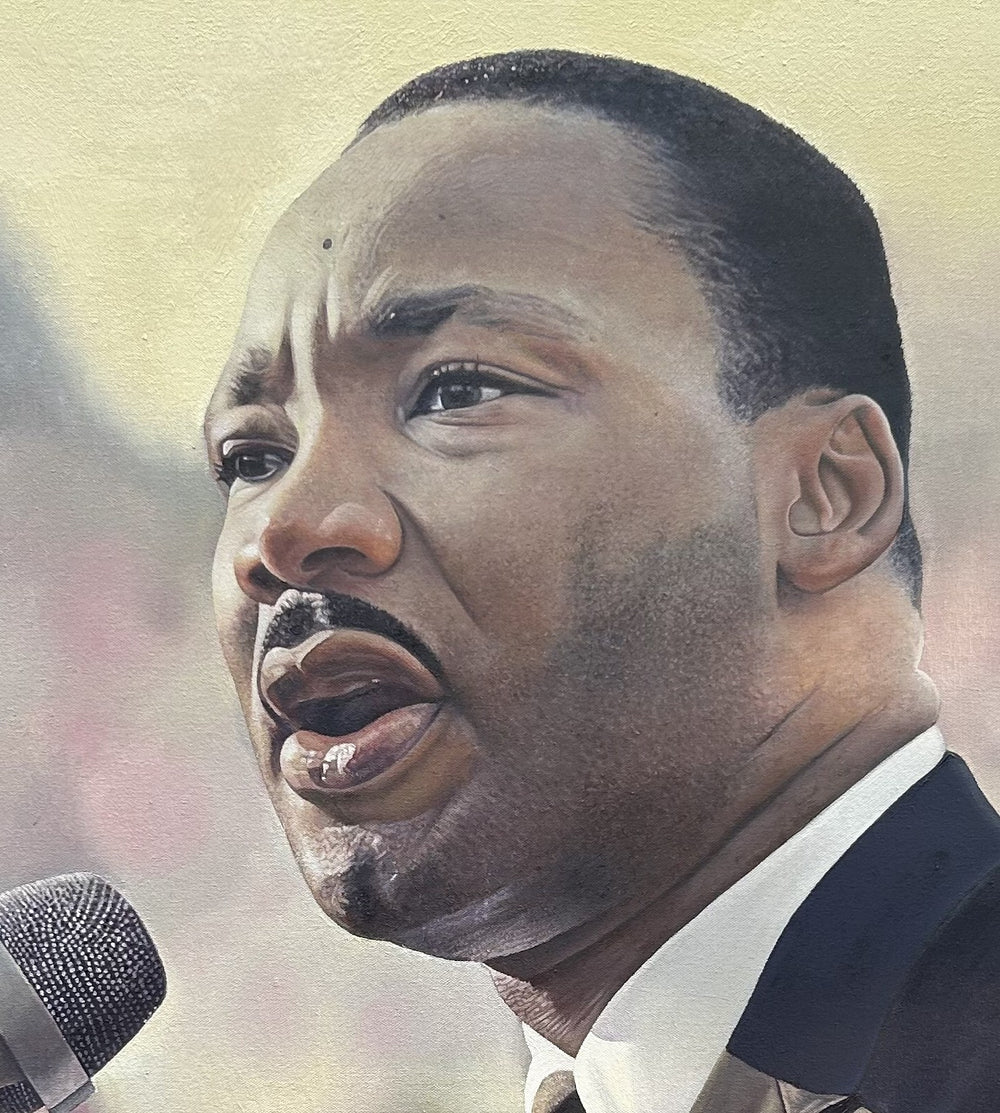 Martin Luther King Jr by James Earley — a hyperrealist oil painting styled as a weathered book cover, featuring King mid-speech at the microphone, his expression poised and resolute, set against a soft-focus crowd. A bold quote beneath reads, “Injustice anywhere is a threat to justice everywhere,” framed in regal purple with distressed corners and vintage wear.