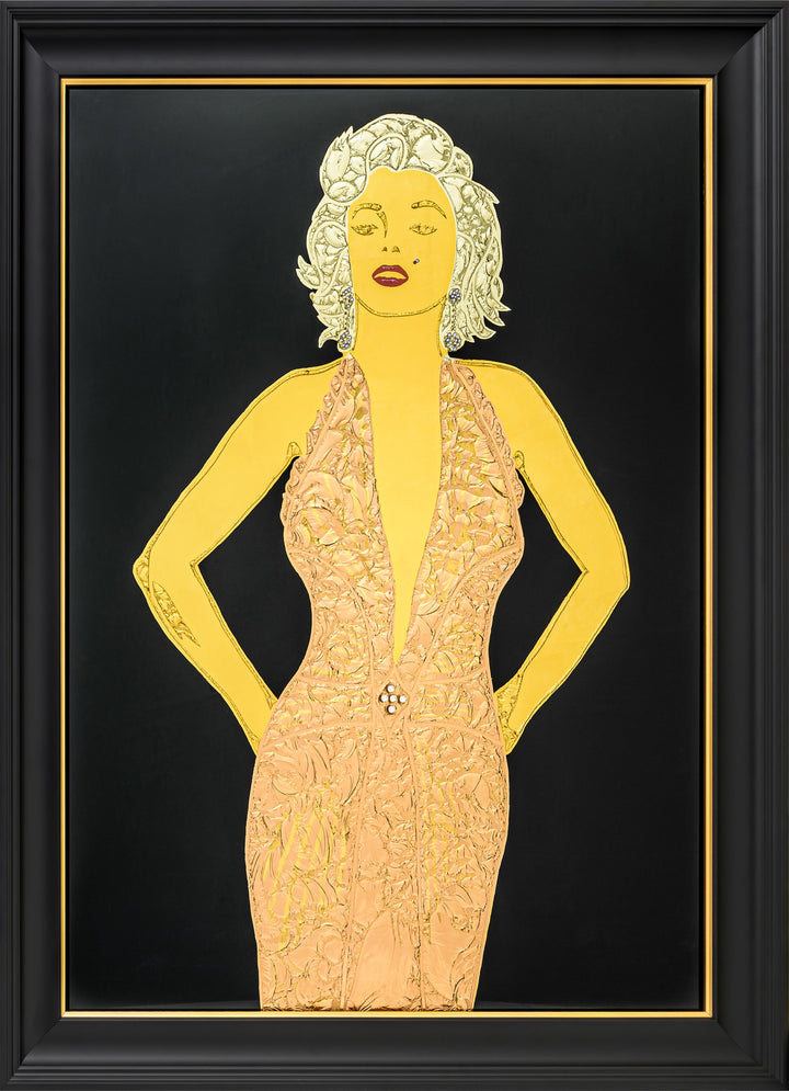 Vince Edmunds Marilyn Monroe portrait in multi-tone gold leaf on reverse glass, featuring rose gold dress, crystal details and textured glue-chipped finish