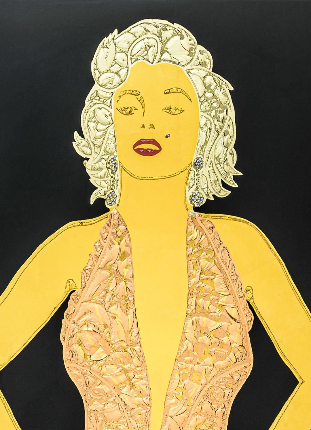 Vince Edmunds Marilyn Monroe portrait in multi-tone gold leaf on reverse glass, featuring rose gold dress, crystal details and textured glue-chipped finish