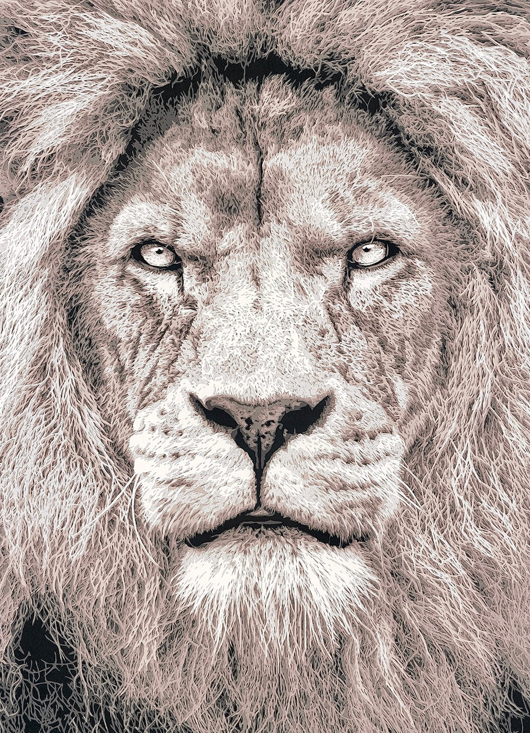 Hand-cut paper artwork of a powerful African lion, intricately layered in eight tones of cream, beige, and soft grey. The lion’s intense gaze and detailed mane create a commanding yet calm presence, framed in black wood with UV-protective art glass.