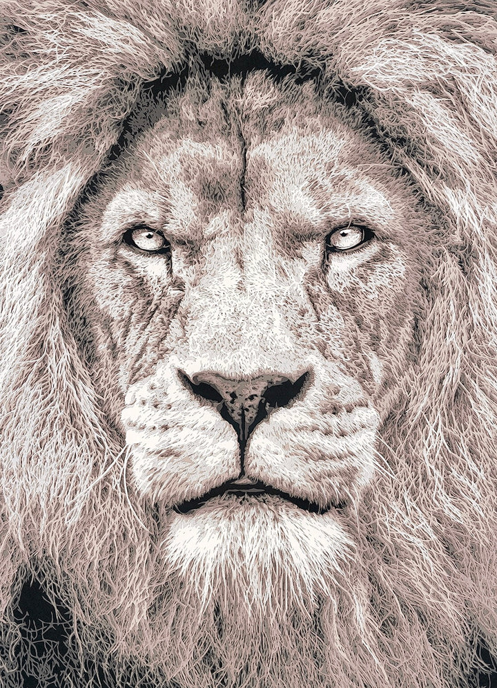 Hand-cut paper artwork of a powerful African lion, intricately layered in eight tones of cream, beige, and soft grey. The lion’s intense gaze and detailed mane create a commanding yet calm presence, framed in black wood with UV-protective art glass.