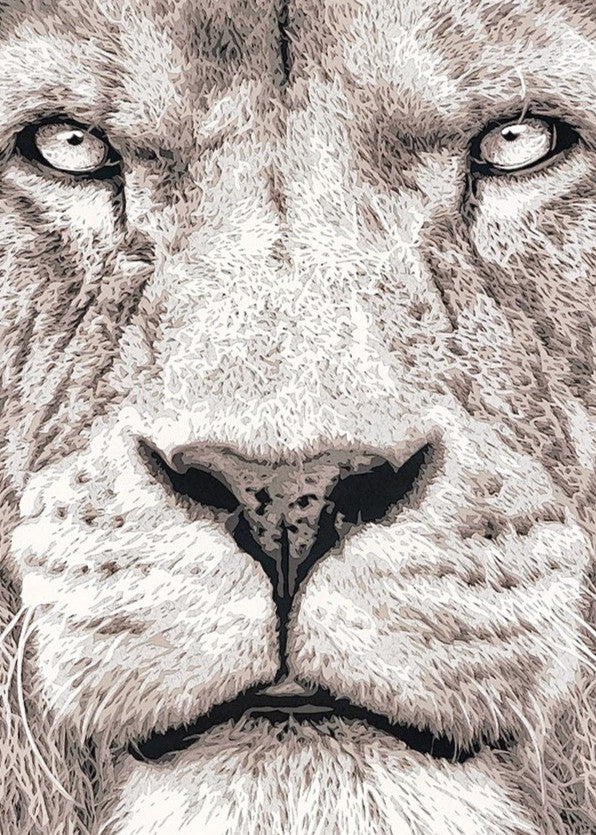 Hand-cut paper artwork of a powerful African lion, intricately layered in eight tones of cream, beige, and soft grey. The lion’s intense gaze and detailed mane create a commanding yet calm presence, framed in black wood with UV-protective art glass.