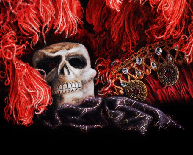Hyperrealist painting of an ornate red feathered headdress with a theatrical skull mask at its centre, inspired by the “Mask of the Red Death” costume from Andrew Lloyd Webber’s The Phantom of the Opera. The dramatic crimson plumes and intricate gold embellishments emerge vividly against a deep black background.
