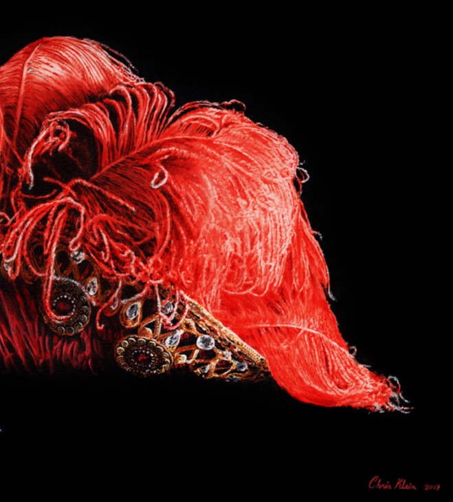 Hyperrealist painting of an ornate red feathered headdress with a theatrical skull mask at its centre, inspired by the “Mask of the Red Death” costume from Andrew Lloyd Webber’s The Phantom of the Opera. The dramatic crimson plumes and intricate gold embellishments emerge vividly against a deep black background.