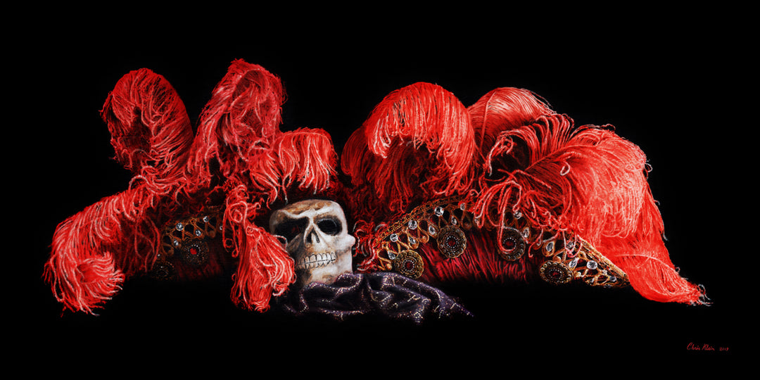 Hyperrealist painting of an ornate red feathered headdress with a theatrical skull mask at its centre, inspired by the “Mask of the Red Death” costume from Andrew Lloyd Webber’s The Phantom of the Opera. The dramatic crimson plumes and intricate gold embellishments emerge vividly against a deep black background.