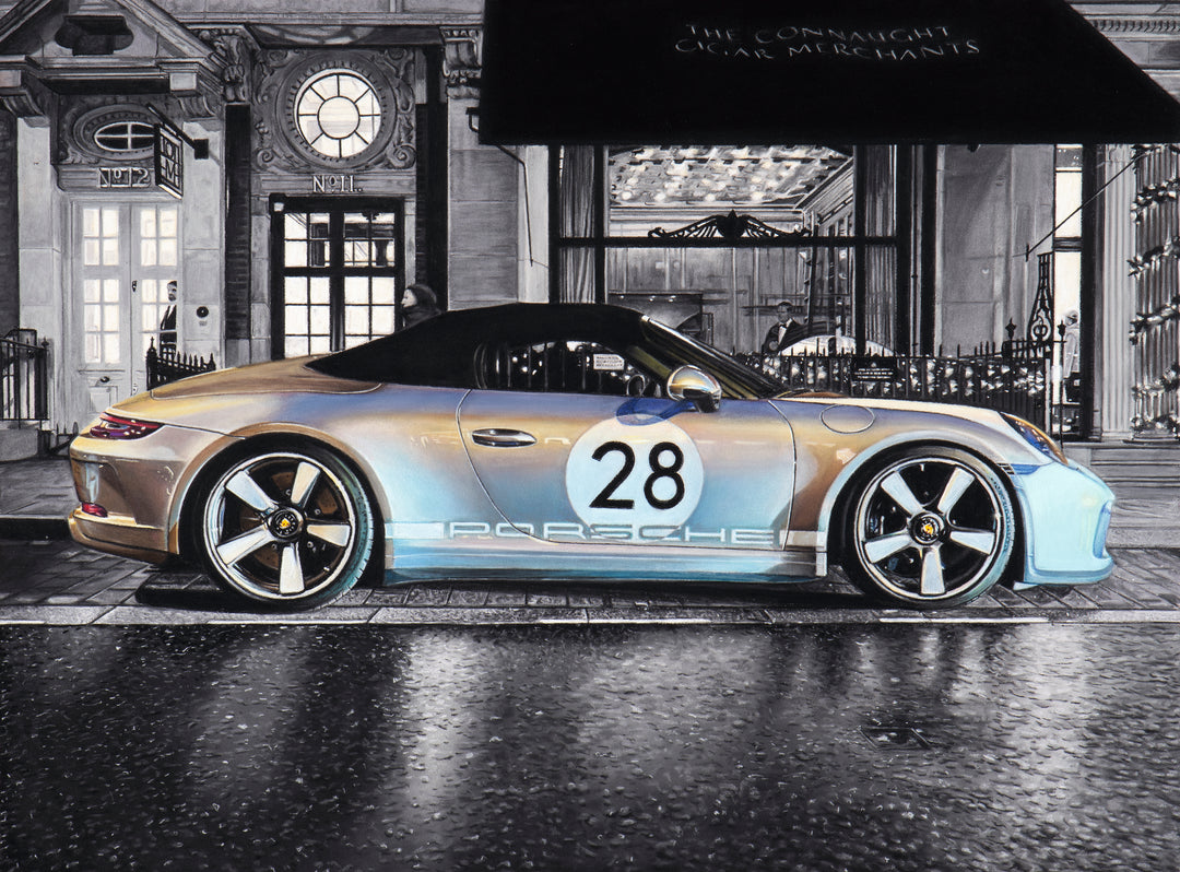 Limited edition giclée print by Ray West depicting a silver Porsche 911 Speedster Heritage Design parked outside The Connaught in Mayfair at night, rendered in hyper-realistic pastel detail with reflective wet pavement, architectural stone façades, monochrome surroundings, and subtle colour accents, printed on archival quality fine art paper.