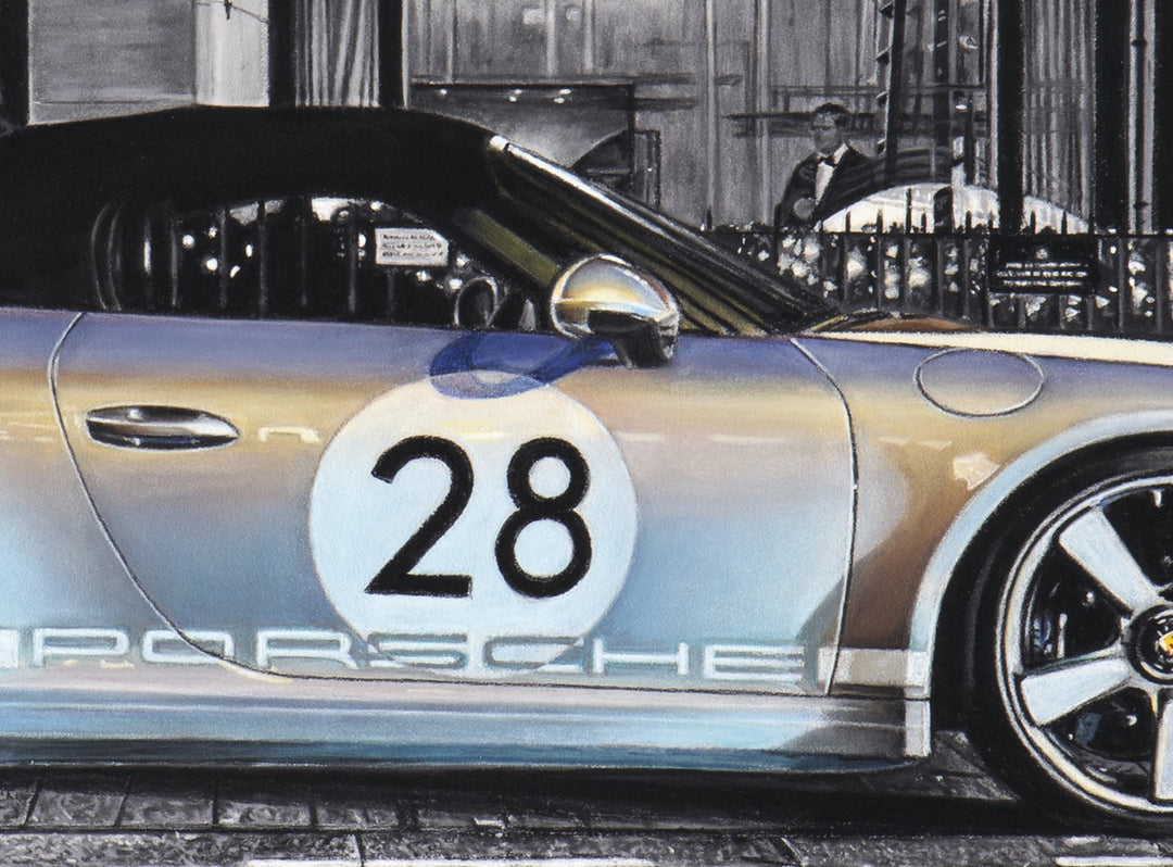 Limited edition giclée print by Ray West depicting a silver Porsche 911 Speedster Heritage Design parked outside The Connaught in Mayfair at night, rendered in hyper-realistic pastel detail with reflective wet pavement, architectural stone façades, monochrome surroundings, and subtle colour accents, printed on archival quality fine art paper.
